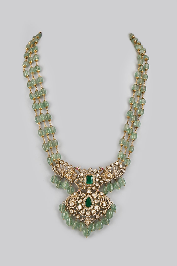 Black Rhodium Plated Green Beaded & Kundan Polki Necklace In Sterling Silver by KARISA DESIGNS at Pernia's Pop Up Shop