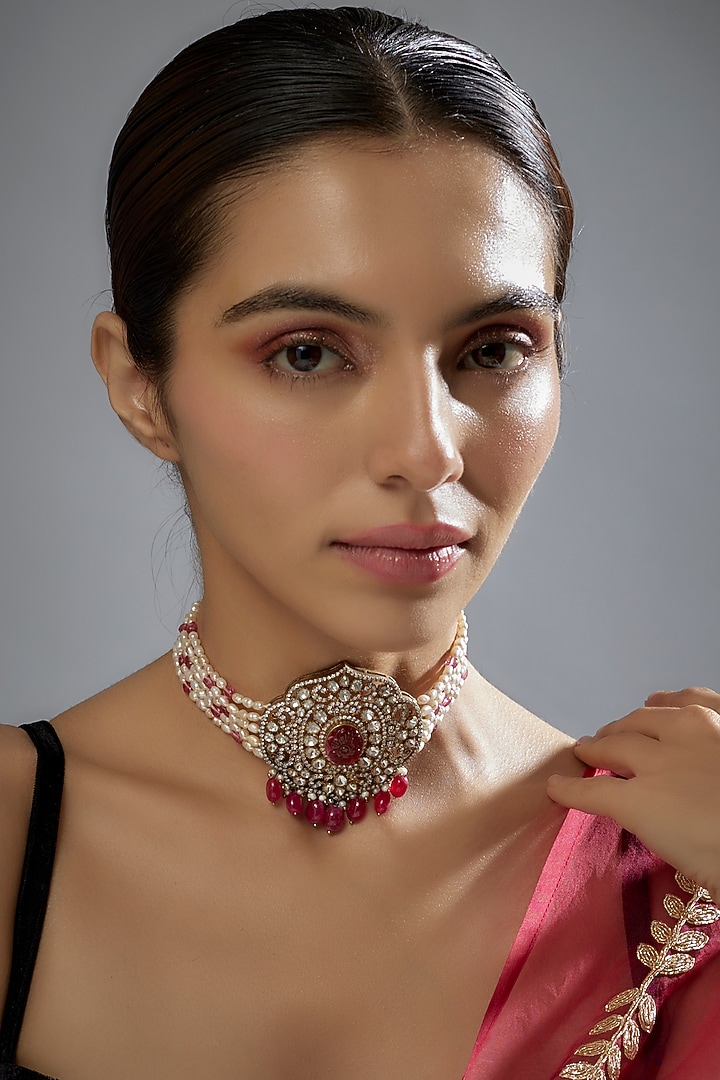 Black Rhodium Plated Red Beaded & Kundan Polki Necklace In Sterling Silver by KARISA DESIGNS at Pernia's Pop Up Shop