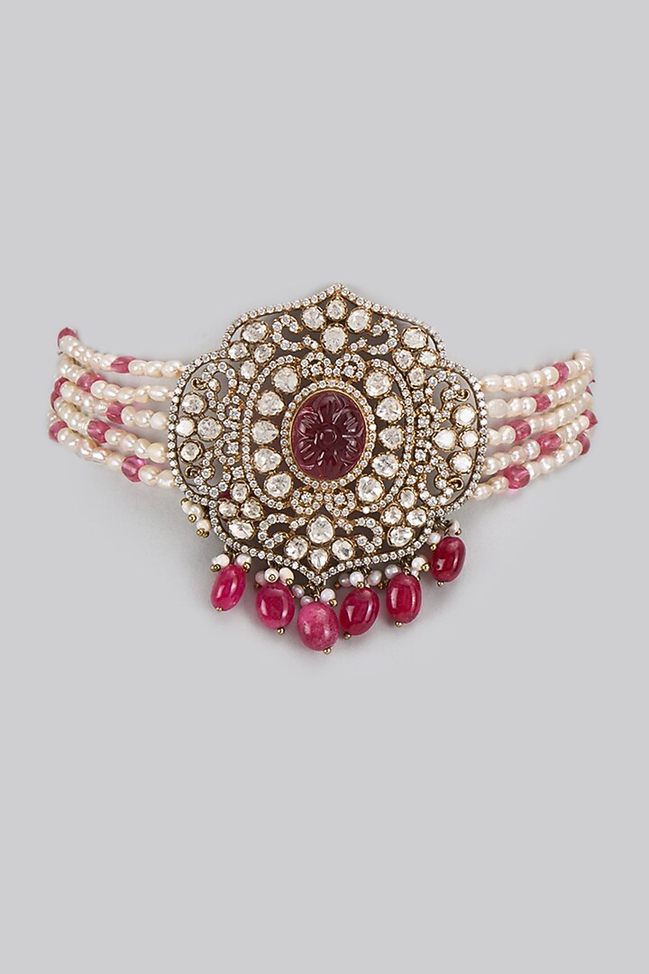 Black Rhodium Plated Red Beaded & Kundan Polki Necklace In Sterling Silver by KARISA DESIGNS at Pernia's Pop Up Shop