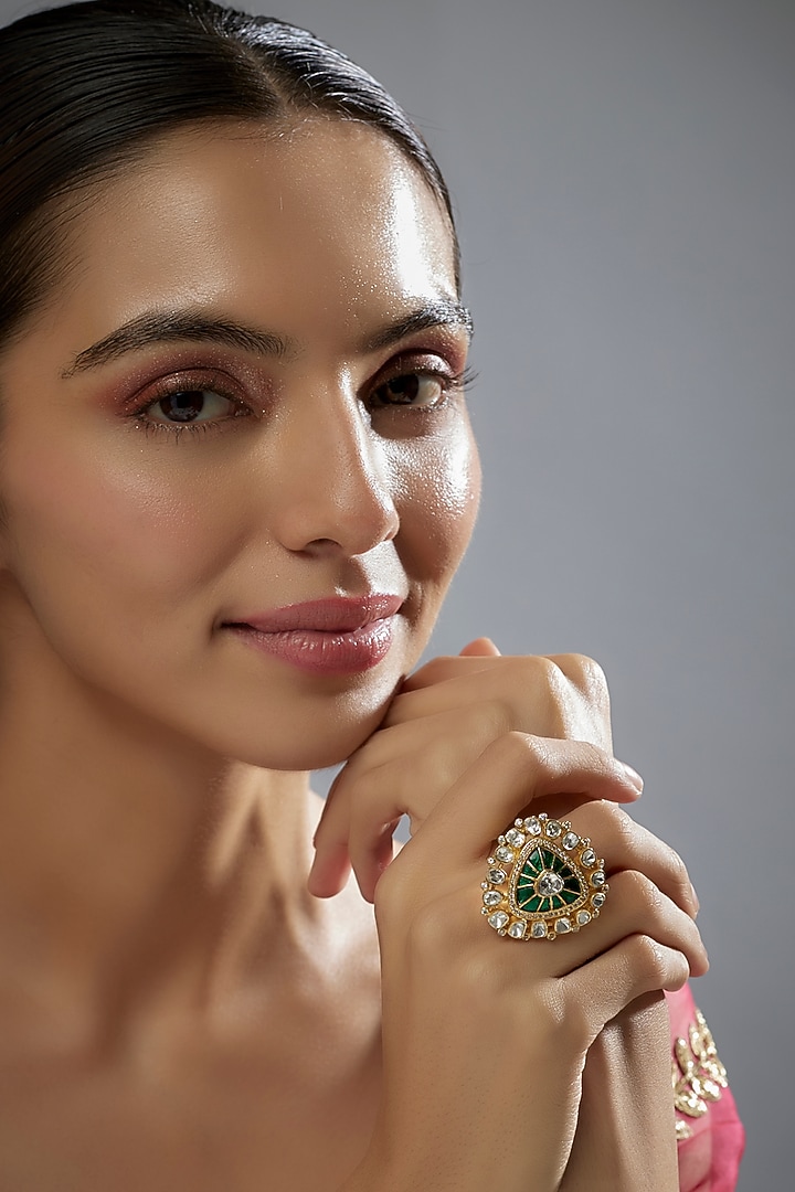 Gold Plated Green Kundan Polki Ring In Sterling Silver by KARISA DESIGNS at Pernia's Pop Up Shop
