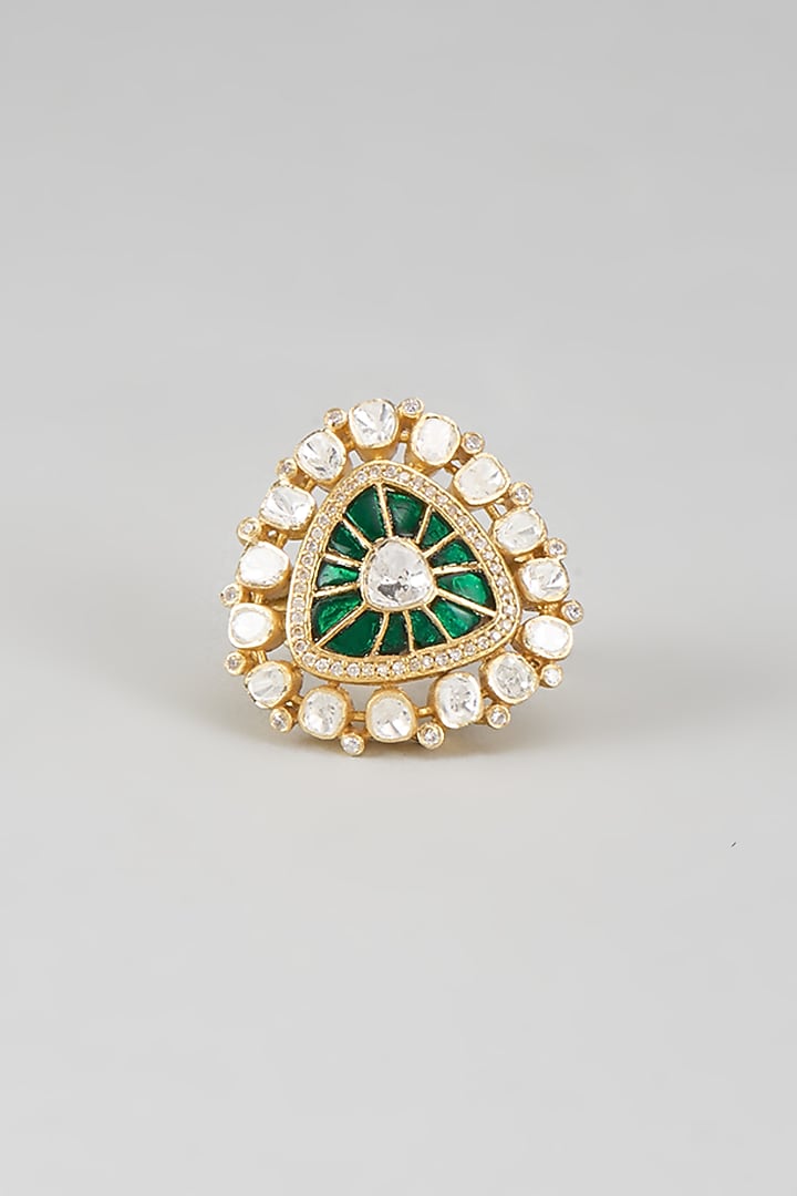 Gold Plated Green Kundan Polki Ring In Sterling Silver by KARISA DESIGNS at Pernia's Pop Up Shop