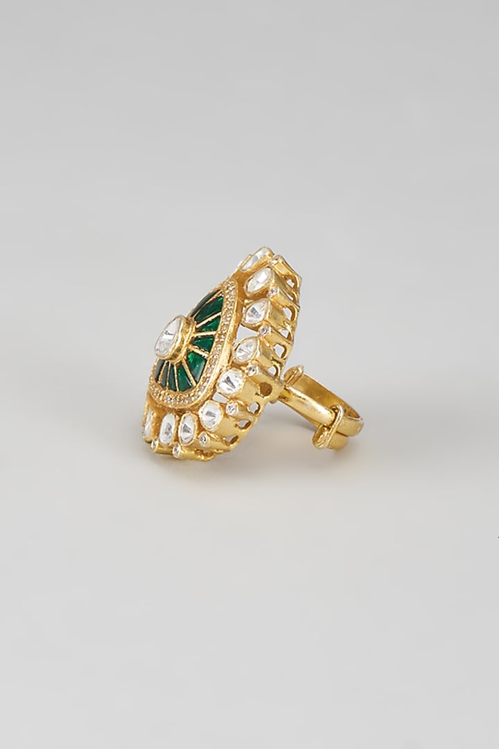 Gold Plated Green Kundan Polki Ring In Sterling Silver by KARISA DESIGNS at Pernia's Pop Up Shop