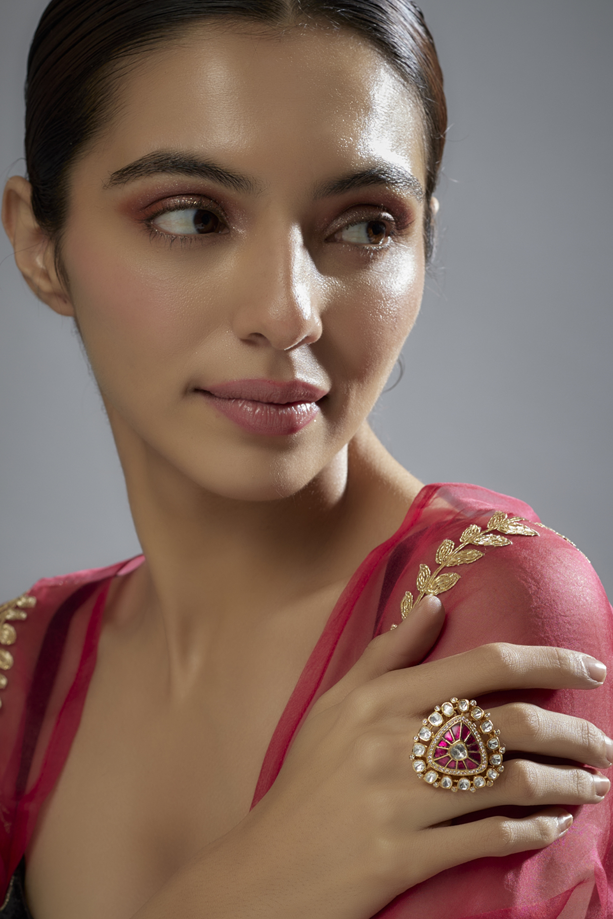 Gold Plated Red Kundan Polki Ring In Sterling Silver by KARISA DESIGNS at Pernia's Pop Up Shop