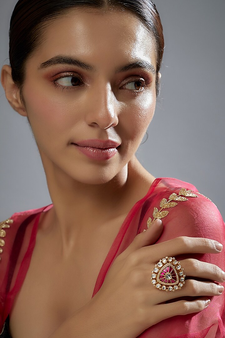 Gold Plated Red Kundan Polki Ring In Sterling Silver by KARISA DESIGNS at Pernia's Pop Up Shop