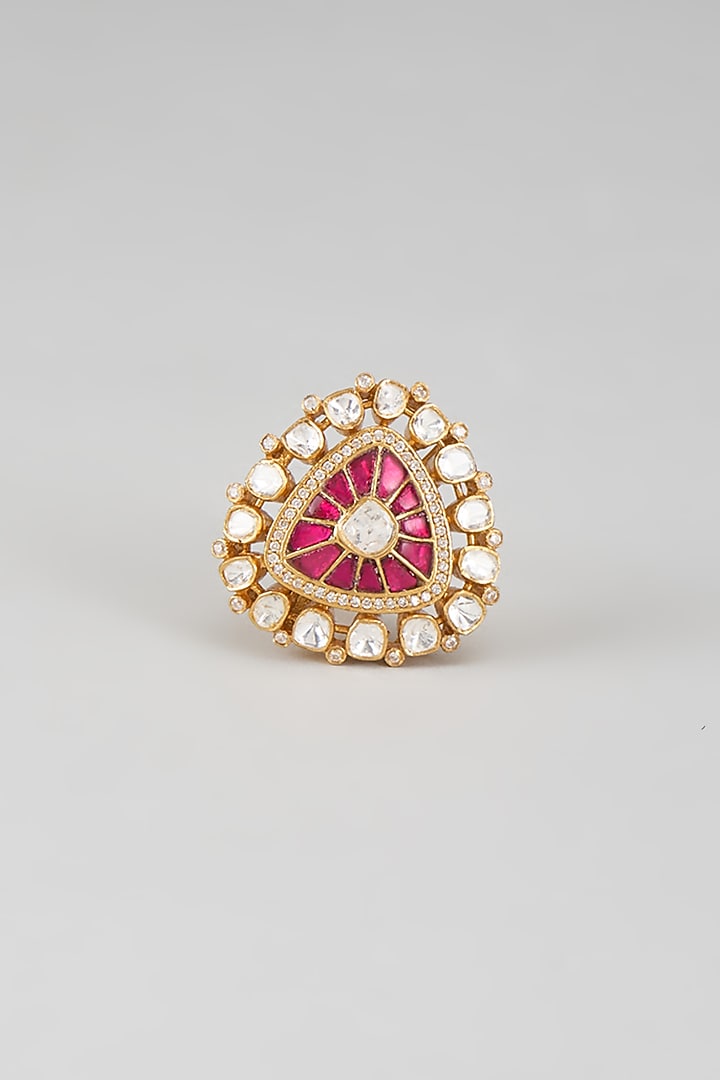 Gold Plated Red Kundan Polki Ring In Sterling Silver by KARISA DESIGNS at Pernia's Pop Up Shop