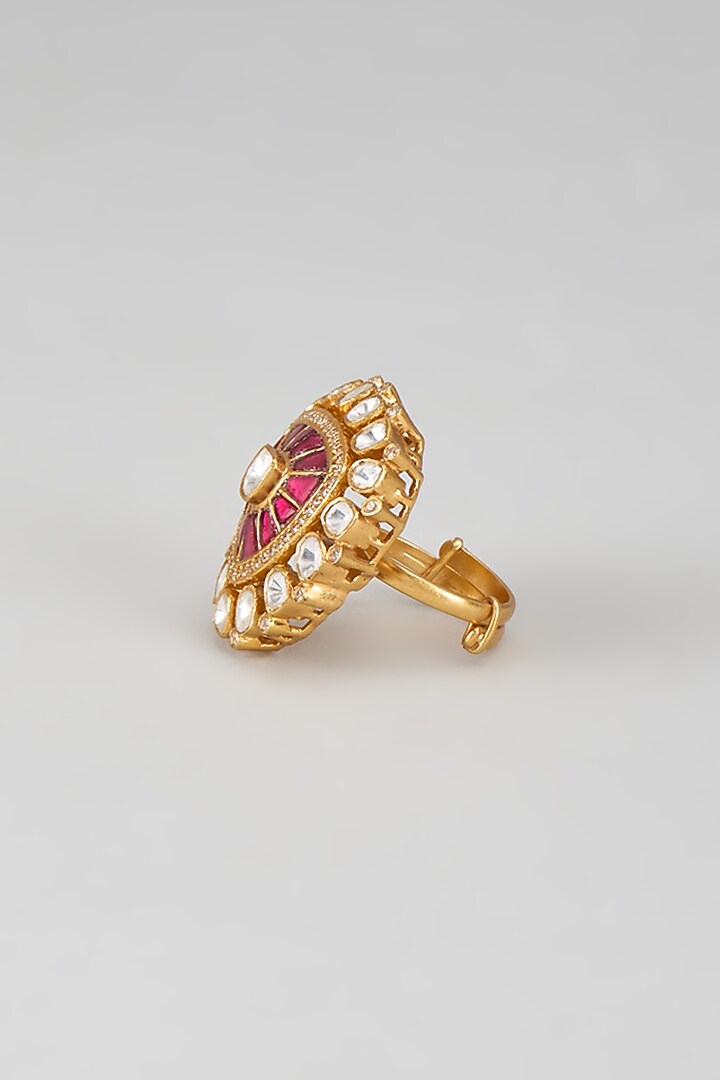 Gold Plated Red Kundan Polki Ring In Sterling Silver by KARISA DESIGNS at Pernia's Pop Up Shop