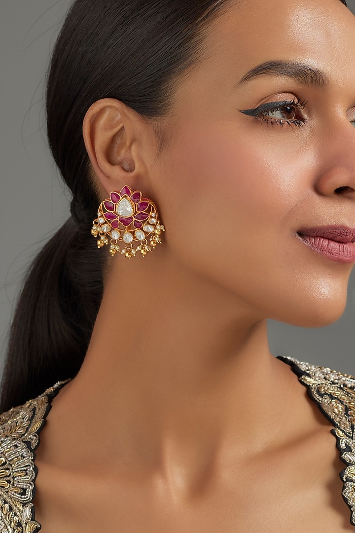 Gold Plated Red Moissanite Polki Dangler Earrings In Sterling Silver by KARISA DESIGNS at Pernia's Pop Up Shop