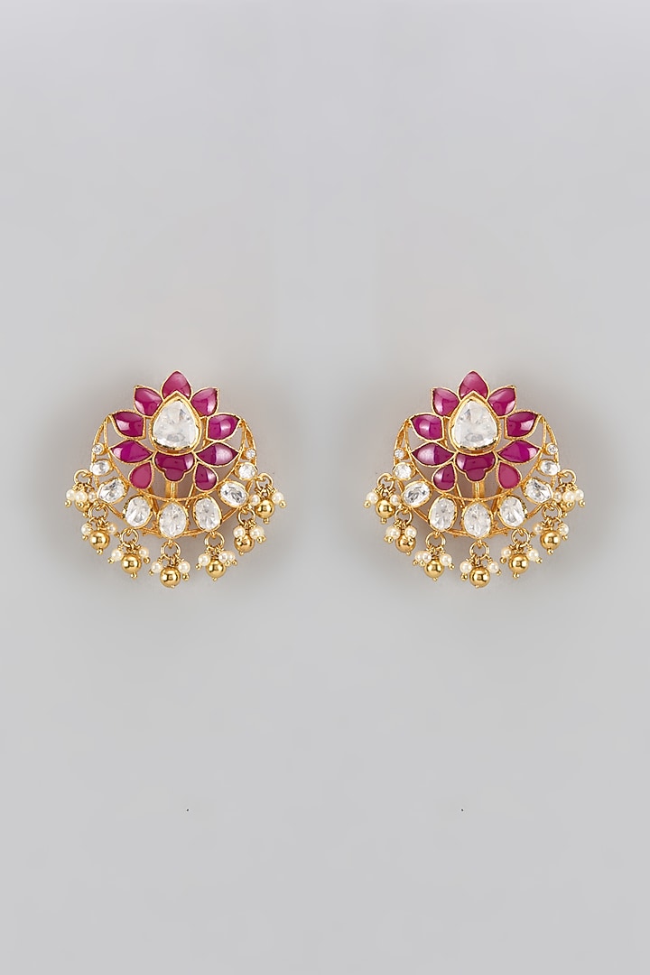 Gold Plated Red Moissanite Polki Dangler Earrings In Sterling Silver by KARISA DESIGNS at Pernia's Pop Up Shop