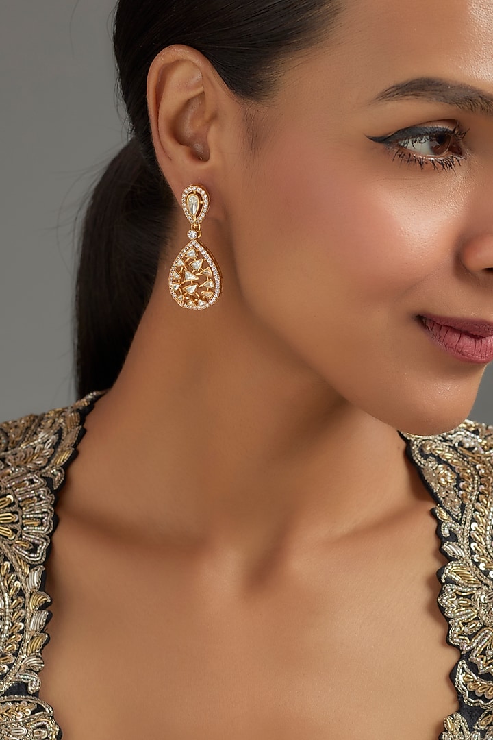 Gold Plated Moissanite Polki Dangler Earrings In Sterling Silver by KARISA DESIGNS at Pernia's Pop Up Shop