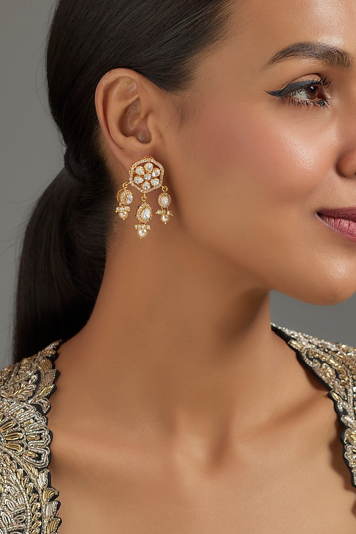Gold Plated Moissanite Polki Dangler Earrings In Sterling Silver by KARISA DESIGNS at Pernia's Pop Up Shop