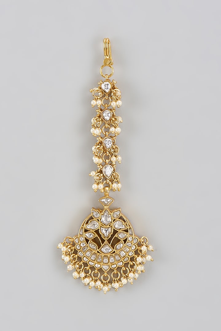 Gold Plated Kundan Polki & Pearl Maang Tikka In Sterling Silver by KARISA DESIGNS at Pernia's Pop Up Shop