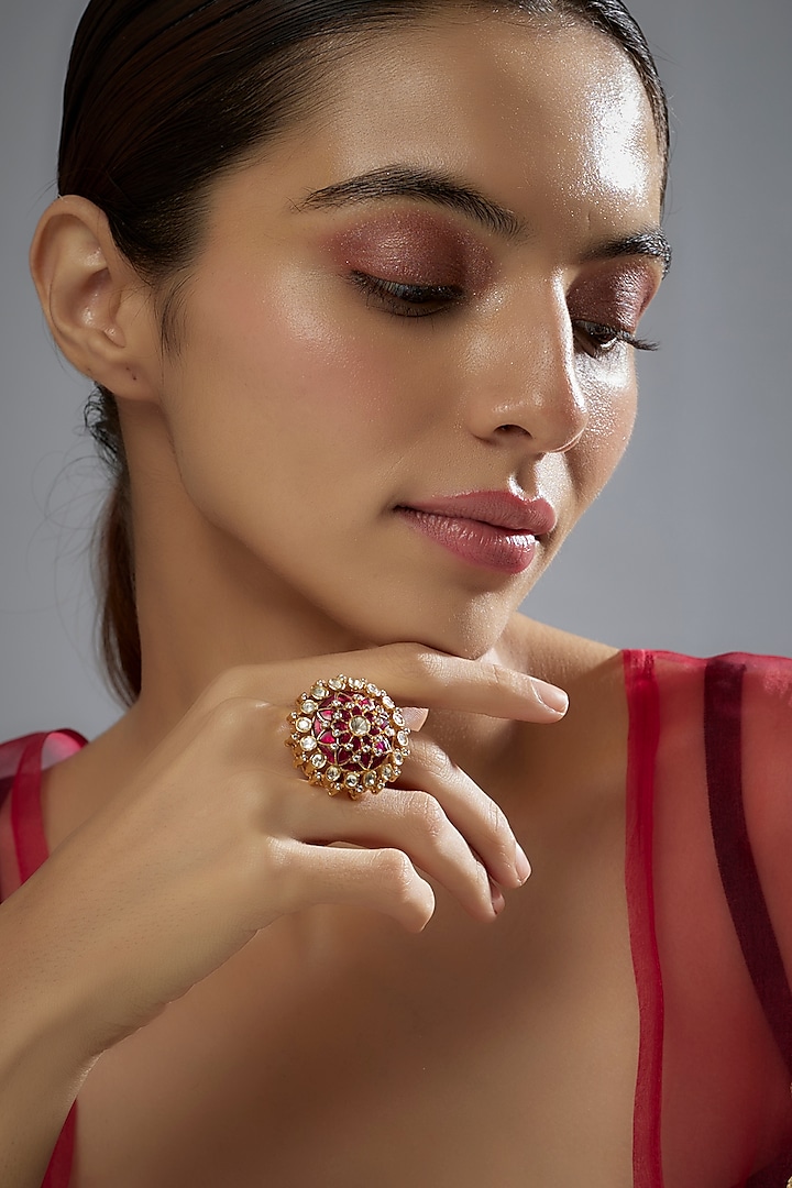 Gold Plated Red Kundan Polki Ring In Sterling Silver by KARISA DESIGNS at Pernia's Pop Up Shop