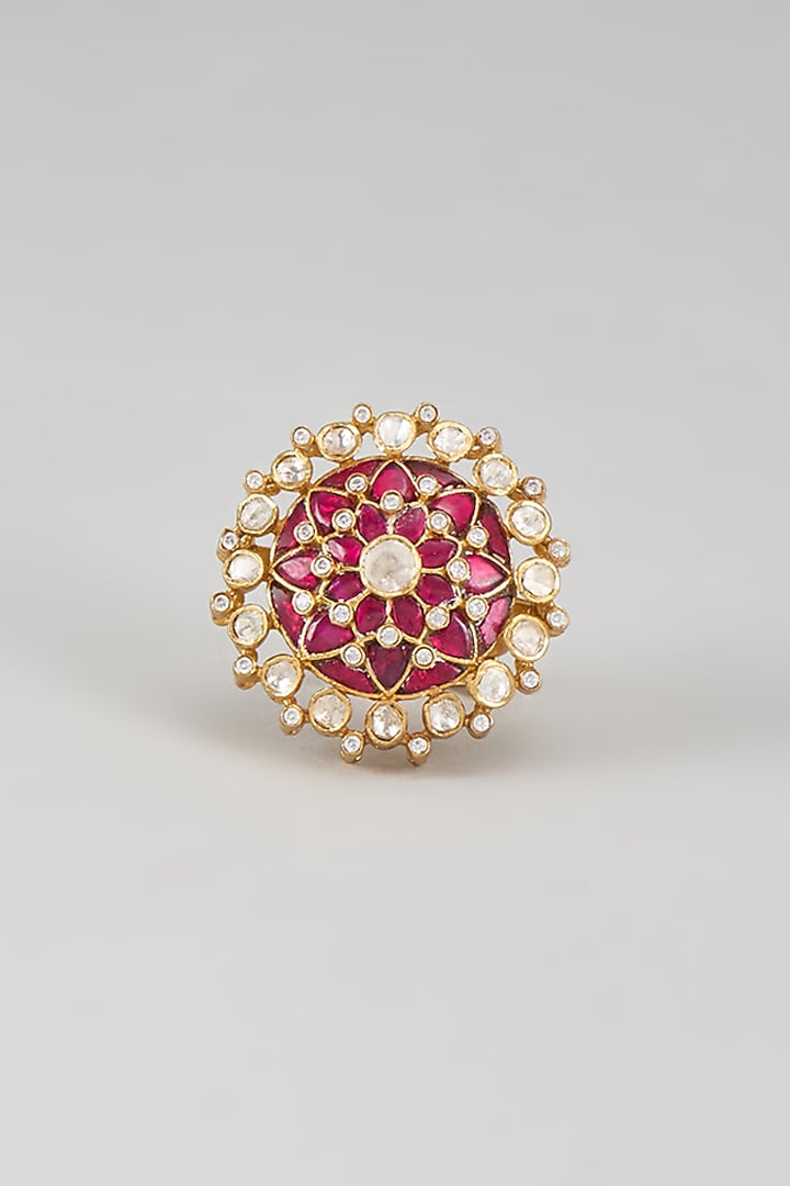 Gold Plated Red Kundan Polki Ring In Sterling Silver by KARISA DESIGNS at Pernia's Pop Up Shop