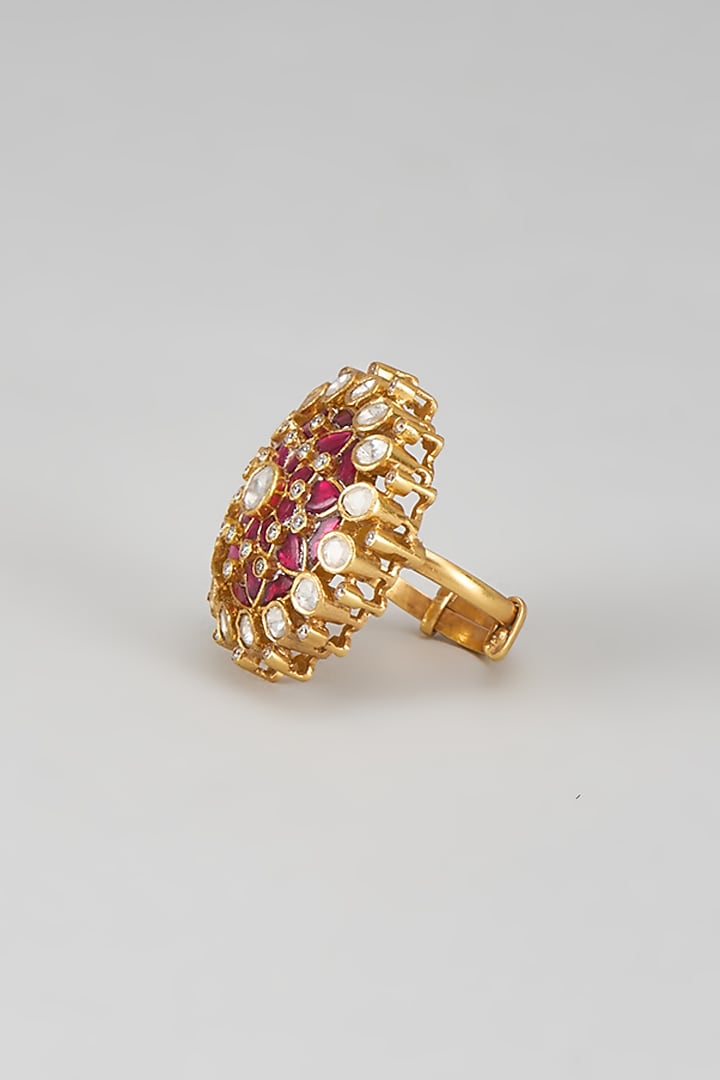 Gold Plated Red Kundan Polki Ring In Sterling Silver by KARISA DESIGNS at Pernia's Pop Up Shop