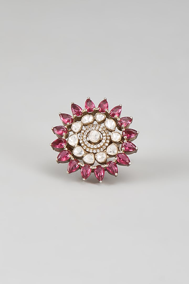 Gold Plated Red Kundan Polki Ring In Sterling Silver by KARISA DESIGNS at Pernia's Pop Up Shop