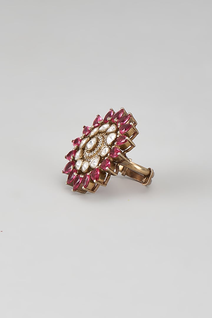 Gold Plated Red Kundan Polki Ring In Sterling Silver by KARISA DESIGNS at Pernia's Pop Up Shop