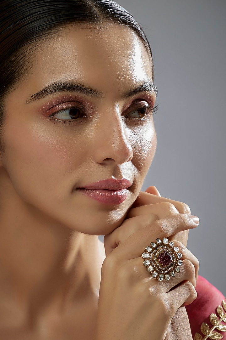 Gold Plated Red Kundan Polki Ring In Sterling Silver by KARISA DESIGNS at Pernia's Pop Up Shop