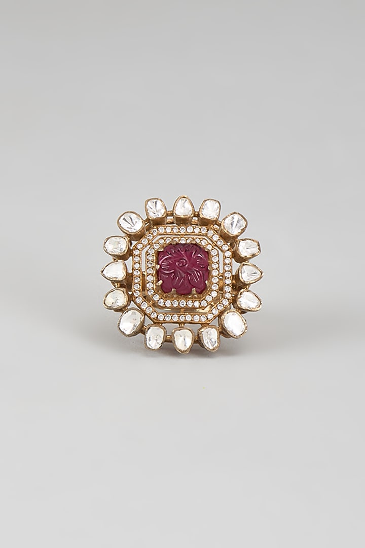 Gold Plated Red Kundan Polki Ring In Sterling Silver by KARISA DESIGNS at Pernia's Pop Up Shop