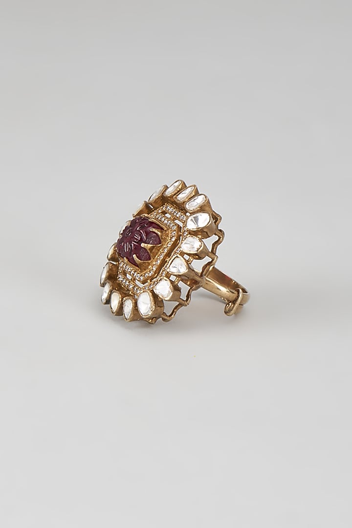 Gold Plated Red Kundan Polki Ring In Sterling Silver by KARISA DESIGNS at Pernia's Pop Up Shop