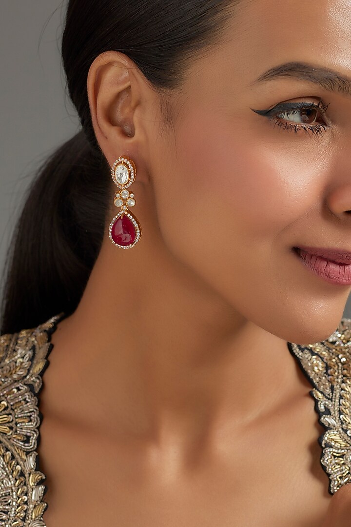 Gold Plated Red Kundan Polki Dangler Earrings In Sterling Silver by KARISA DESIGNS at Pernia's Pop Up Shop