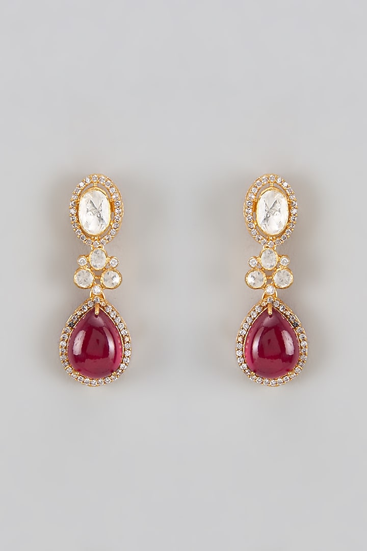 Gold Plated Red Kundan Polki Dangler Earrings In Sterling Silver by KARISA DESIGNS at Pernia's Pop Up Shop