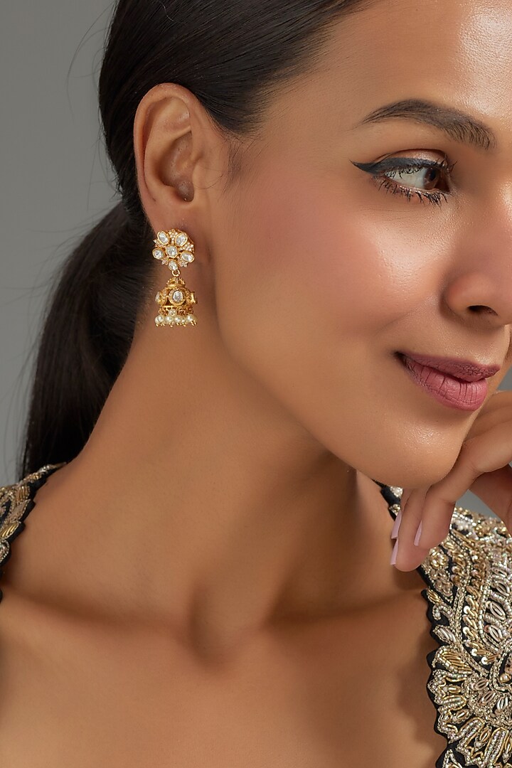 Gold Plated Kundan Polki Dangler Earrings In Sterling Silver by KARISA DESIGNS at Pernia's Pop Up Shop