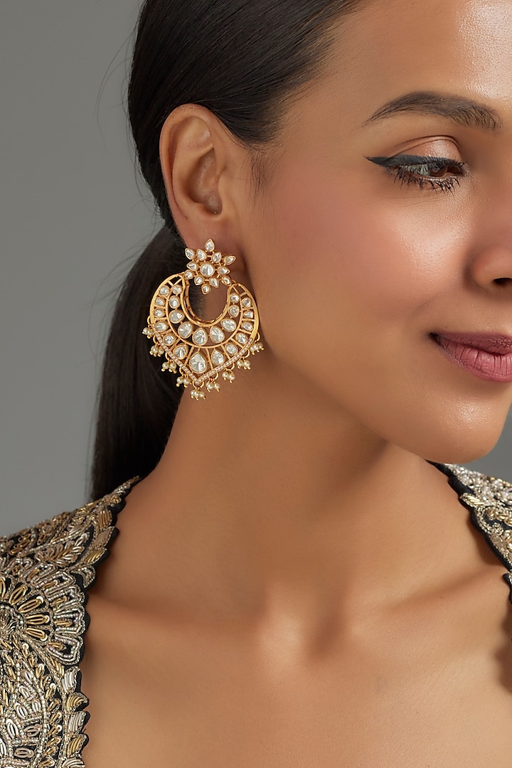Gold Plated Kundan Polki Chandbali Earrings In Sterling Silver by KARISA DESIGNS at Pernia's Pop Up Shop