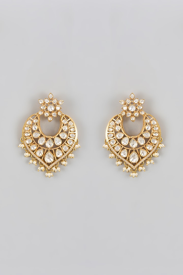 Gold Plated Kundan Polki Chandbali Earrings In Sterling Silver by KARISA DESIGNS at Pernia's Pop Up Shop