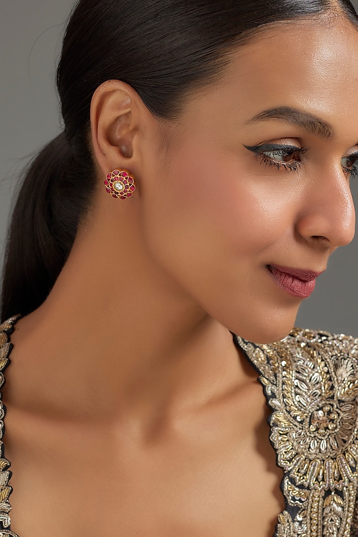 Gold Plated Red Kundan Polki Stud Earrings In Sterling Silver by KARISA DESIGNS at Pernia's Pop Up Shop