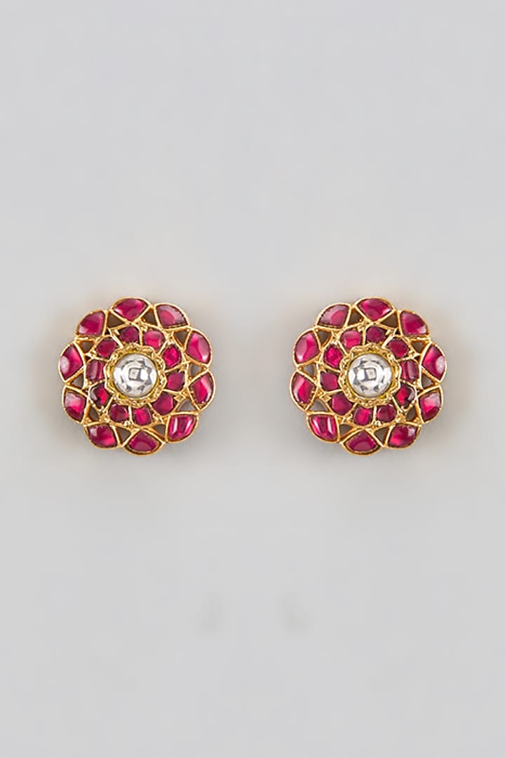 Gold Plated Red Kundan Polki Stud Earrings In Sterling Silver by KARISA DESIGNS at Pernia's Pop Up Shop