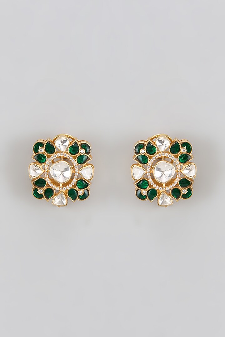 Gold Plated Green Kundan Polki Stud Earrings In Sterling Silver by KARISA DESIGNS at Pernia's Pop Up Shop