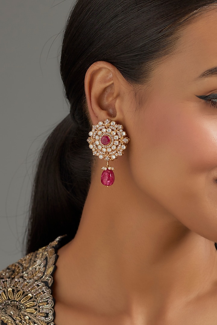 Gold Plated Red Kundan Polki Dangler Earrings In Sterling Silver by KARISA DESIGNS at Pernia's Pop Up Shop