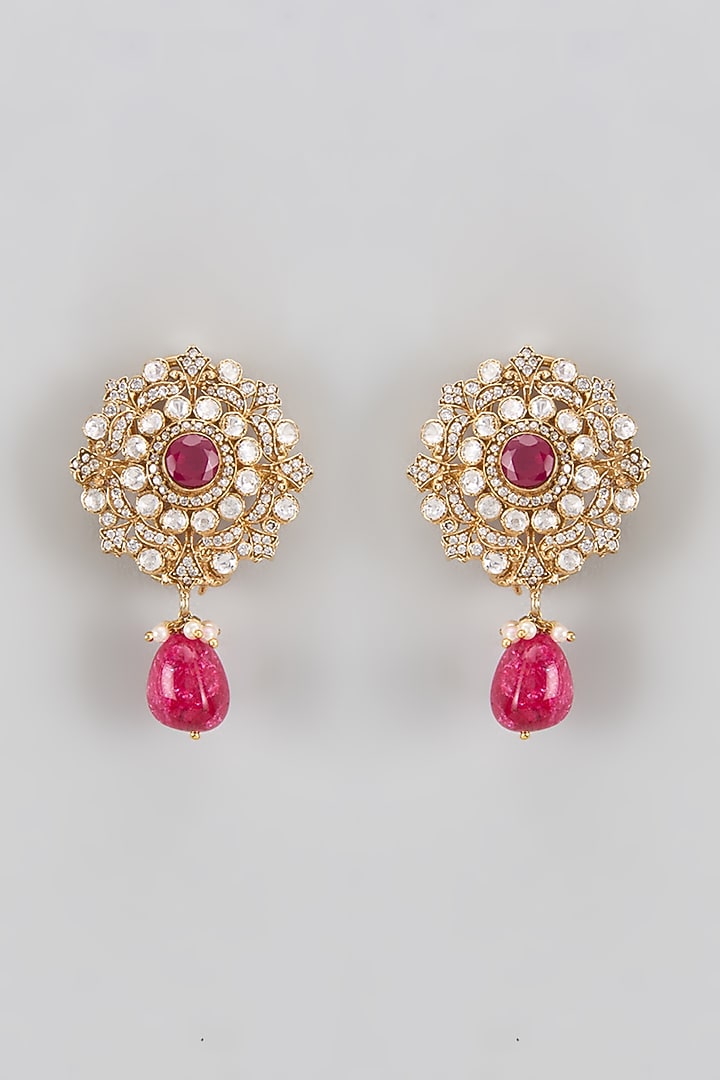 Gold Plated Red Kundan Polki Dangler Earrings In Sterling Silver by KARISA DESIGNS at Pernia's Pop Up Shop