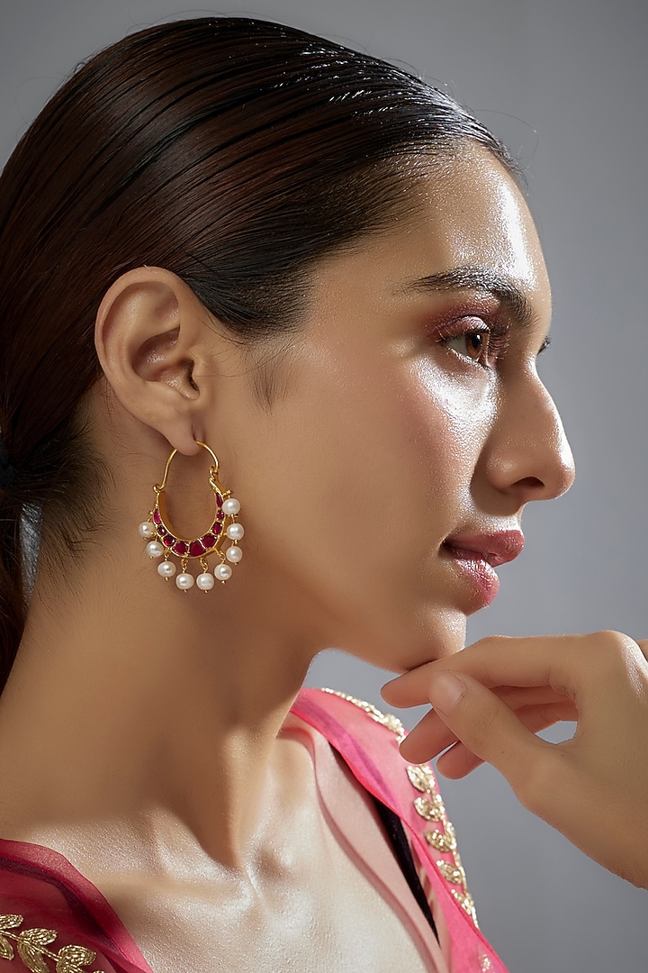 Gold Plated Red Kundan Polki & Pearl Chandbali Earrings In Sterling Silver by KARISA DESIGNS at Pernia's Pop Up Shop