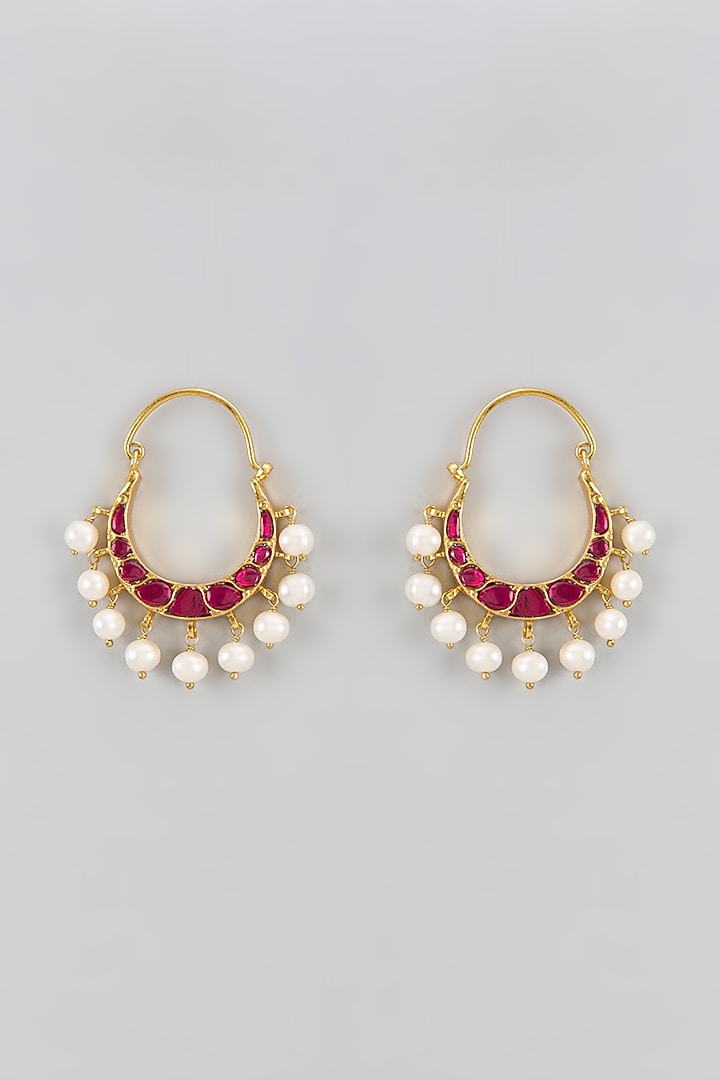 Gold Plated Red Kundan Polki & Pearl Chandbali Earrings In Sterling Silver by KARISA DESIGNS at Pernia's Pop Up Shop