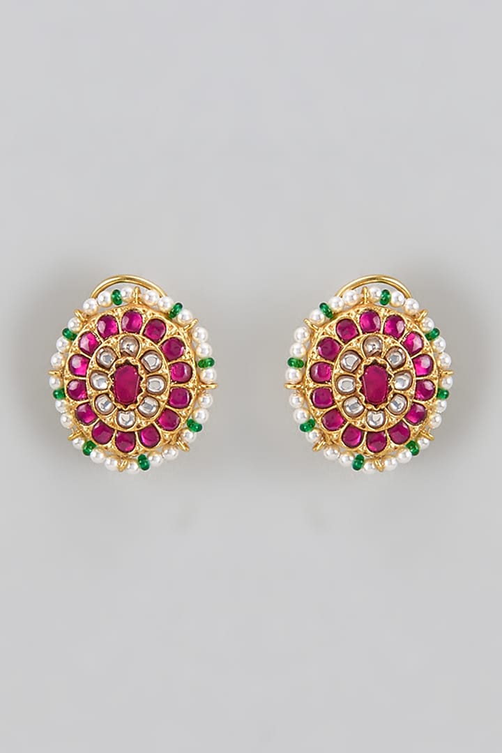 Gold Plated Red Kundan Polki Stud Earrings In Sterling Silver by KARISA DESIGNS at Pernia's Pop Up Shop