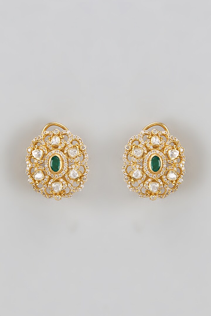 Gold Plated Green Kundan Polki Stud Earrings In Sterling Silver by KARISA DESIGNS at Pernia's Pop Up Shop
