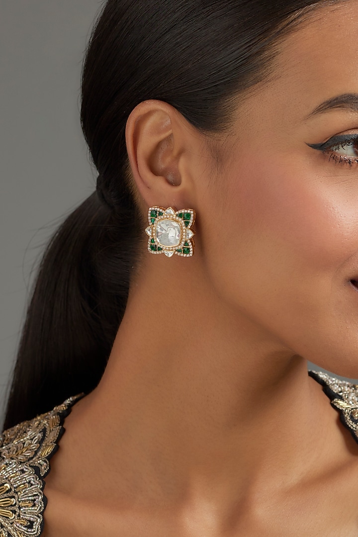Gold Plated Green Moissanite Polki Stud Earrings In Sterling Silver by KARISA DESIGNS at Pernia's Pop Up Shop