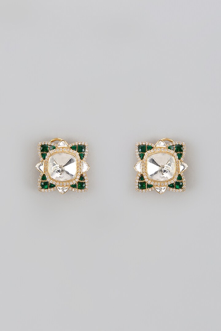 Gold Plated Green Moissanite Polki Stud Earrings In Sterling Silver by KARISA DESIGNS at Pernia's Pop Up Shop