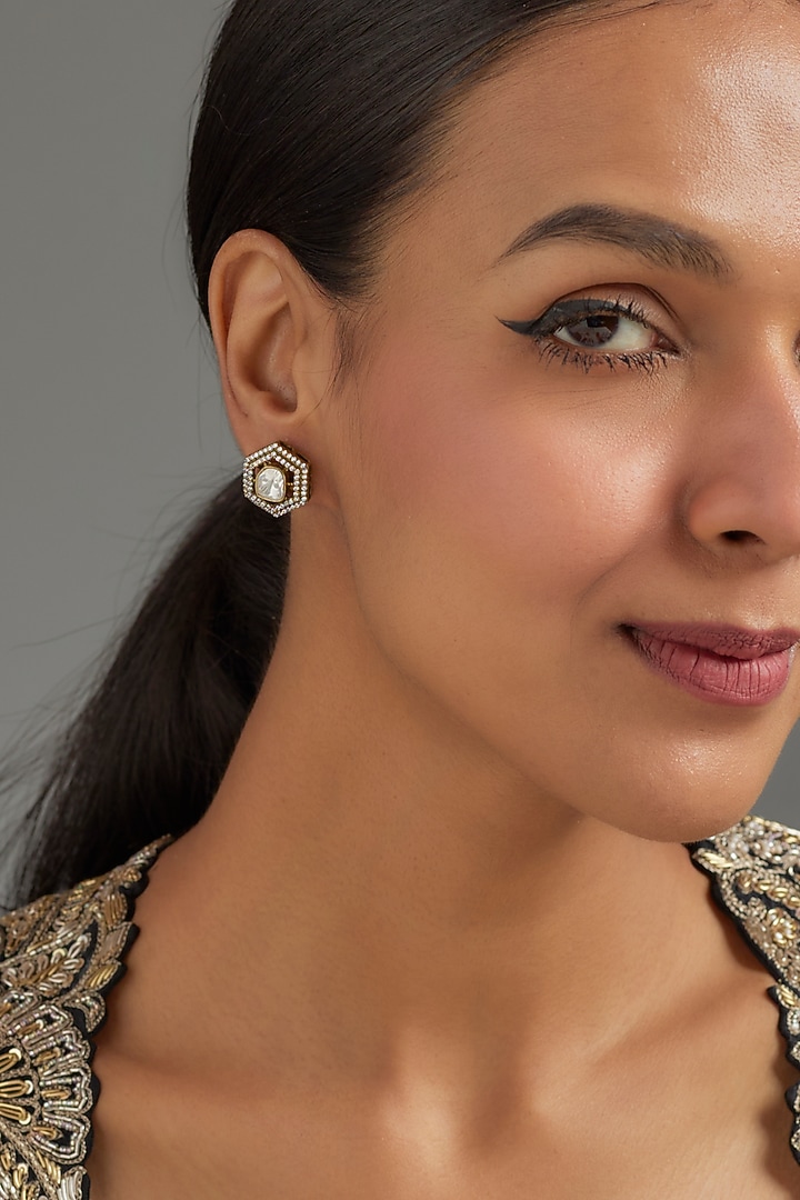 Gold Plated Moissanite Polki Stud Earrings In Sterling Silver by KARISA DESIGNS at Pernia's Pop Up Shop
