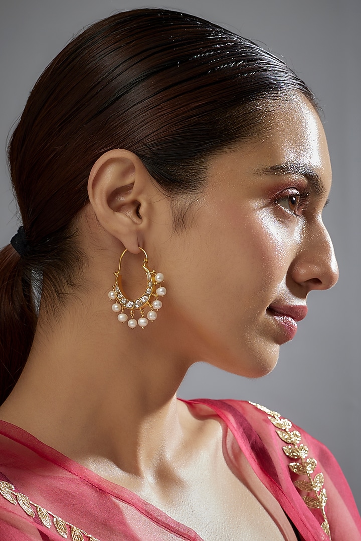 Gold Plated Kundan Polki Chandbali Earrings In Sterling Silver by KARISA DESIGNS at Pernia's Pop Up Shop