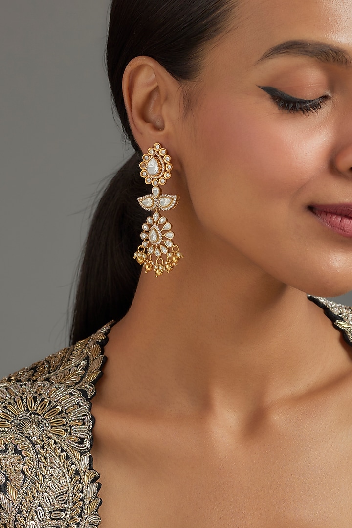 Gold Plated Moissanite Polki Dangler Earrings In Sterling Silver by KARISA DESIGNS at Pernia's Pop Up Shop