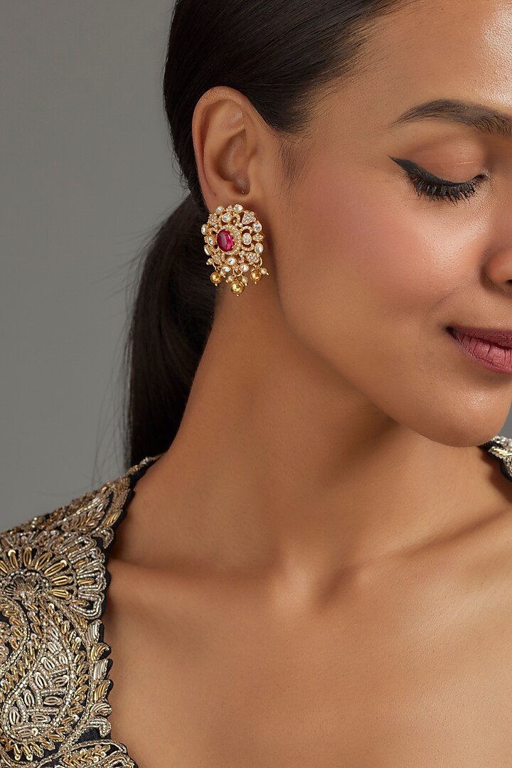 Gold Plated Red Moissanite Polki Stud Earrings In Sterling Silver by KARISA DESIGNS at Pernia's Pop Up Shop