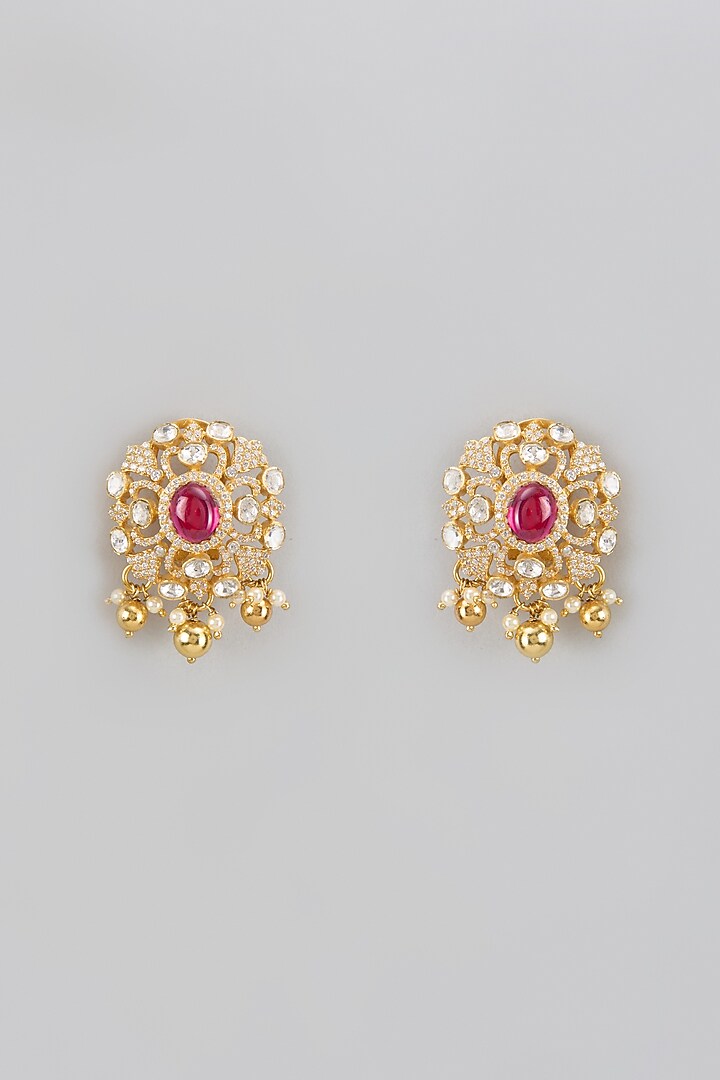 Gold Plated Red Moissanite Polki Stud Earrings In Sterling Silver by KARISA DESIGNS at Pernia's Pop Up Shop