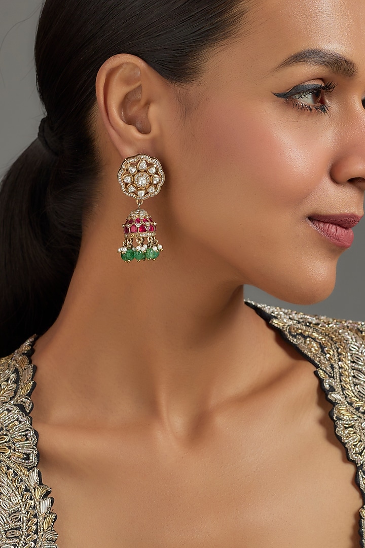 Gold Plated Moissanite Polki Dangler Earrings In Sterling Silver by KARISA DESIGNS at Pernia's Pop Up Shop
