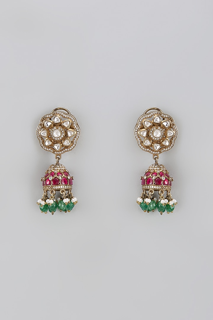 Gold Plated Moissanite Polki Dangler Earrings In Sterling Silver by KARISA DESIGNS at Pernia's Pop Up Shop