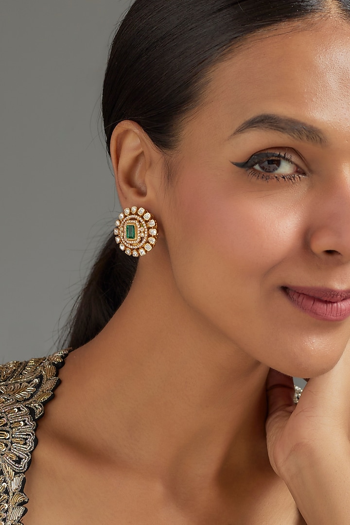 Gold Plated Green Moissanite Polki Stud Earrings In Sterling Silver by KARISA DESIGNS at Pernia's Pop Up Shop