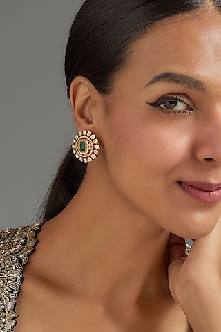 Gold Plated Green Moissanite Polki Stud Earrings In Sterling Silver by karisa designs