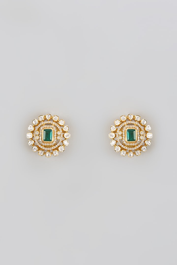 Gold Plated Green Moissanite Polki Stud Earrings In Sterling Silver by KARISA DESIGNS at Pernia's Pop Up Shop