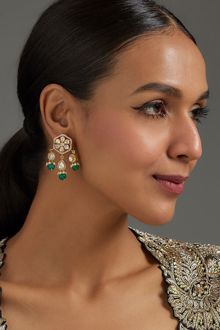 Gold Plated Green Moissanite Polki Dangler Earrings In Sterling Silver by KARISA DESIGNS at Pernia's Pop Up Shop